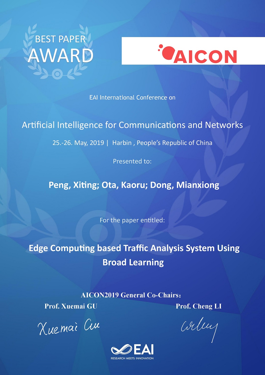 Artificial Intelligence for Communications and Networks Best Paper Award