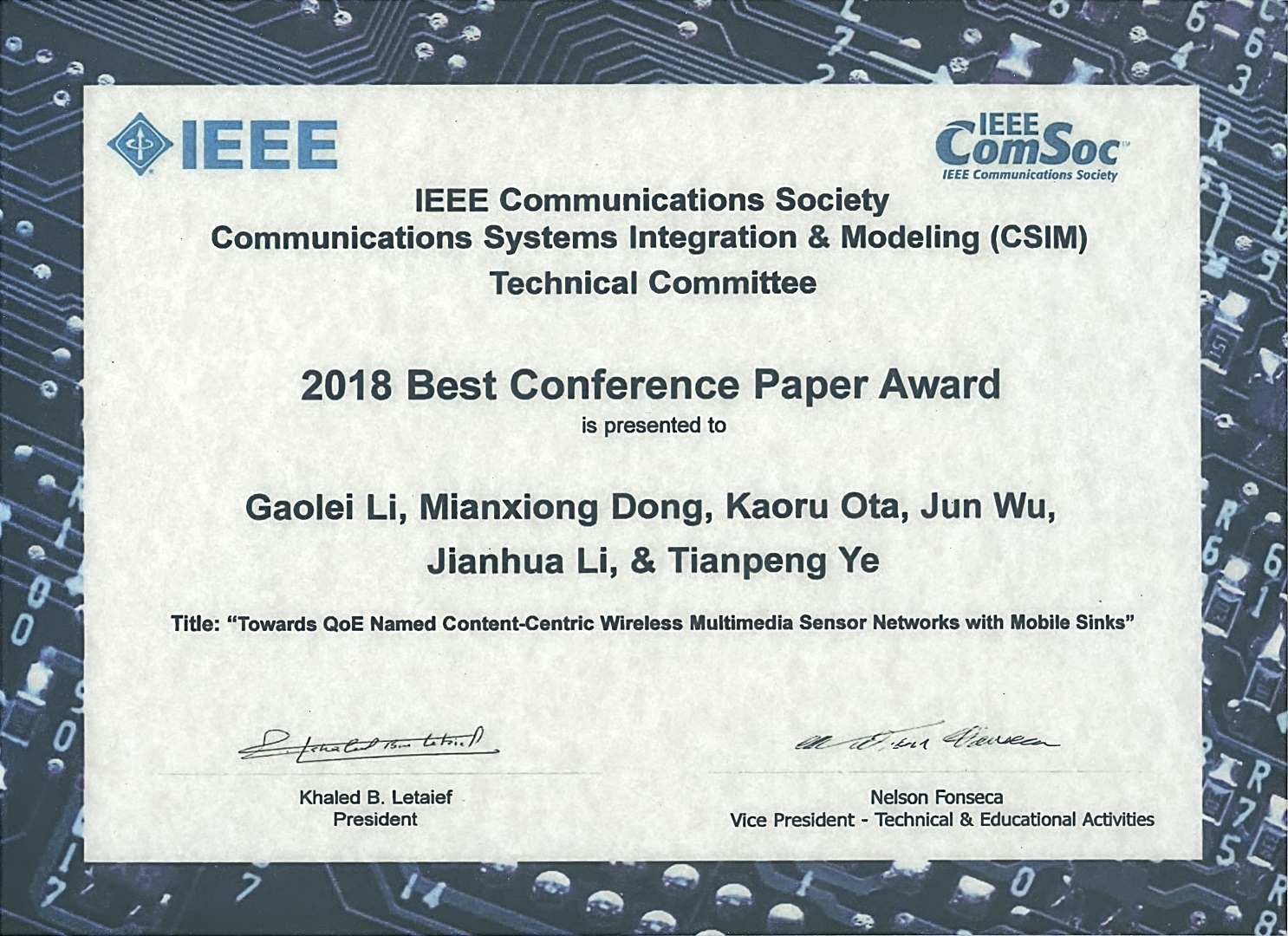 2018 Best Conference Paper Award